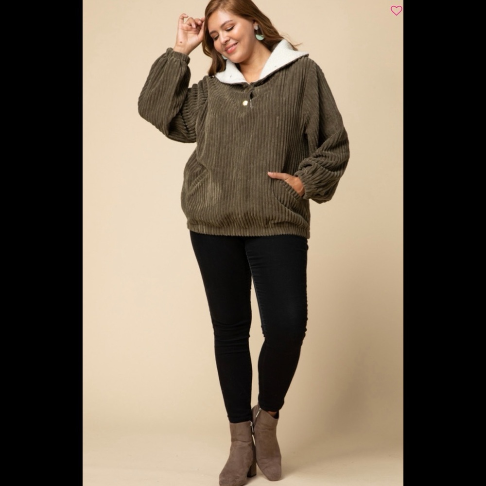 Olive green corduroy pullover jacket - Picture 2 of 7